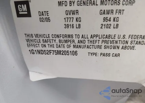 2005 Chevrolet Classic z USA, uszkodzony, nr VIN 1G1ND52F75M205106